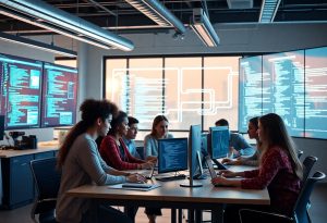 a group of people sitting at a table with computers